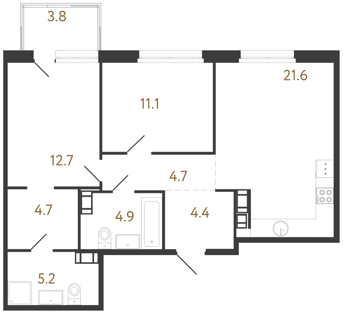 Двухкомнатная квартира №443 в ЖК Куинджи - 69.3 м²  - №2