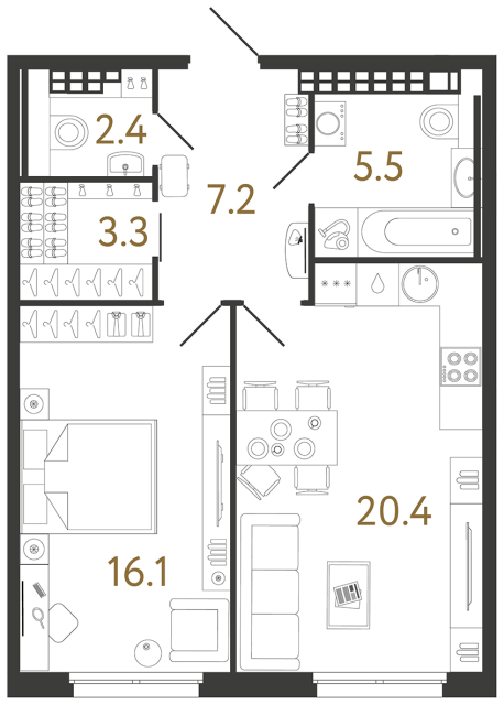 Однокомнатная квартира №205 в ЖК Визионер - 54.9 м²