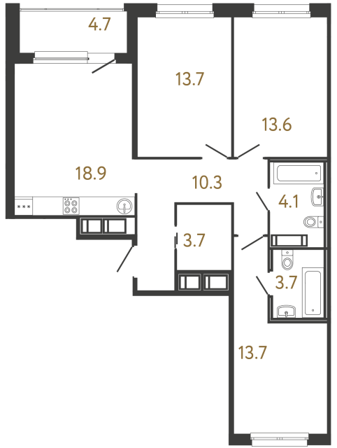 Трёхкомнатная квартира №151 в ЖК Передвижники - 81.7 м²  - №2