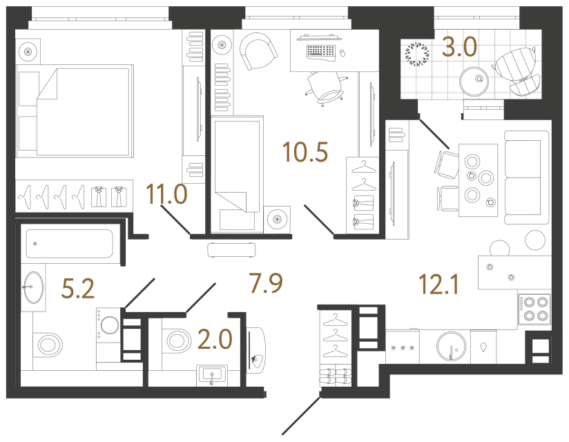 Двухкомнатная квартира №63 в ЖК Куинджи - 48.7 м²