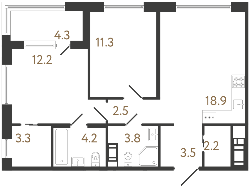 Двухкомнатная квартира №44 в ЖК Передвижники 2 - 61.9 м²  - №2
