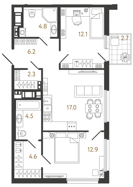 Двухкомнатная квартира №391 в ЖК Гений - 64.4 м²