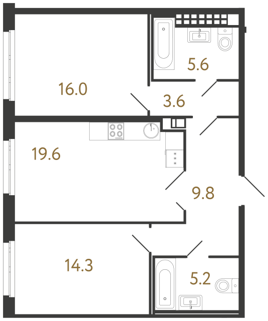 Двухкомнатная квартира №53 в ЖК Визионер - 74.1 м²  - №2