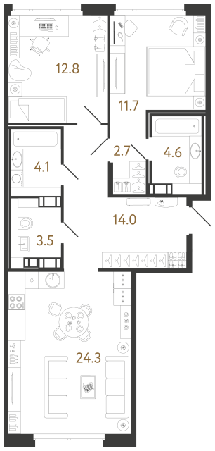 Двухкомнатная квартира №54 в ЖК Куинджи - 77.7 м²