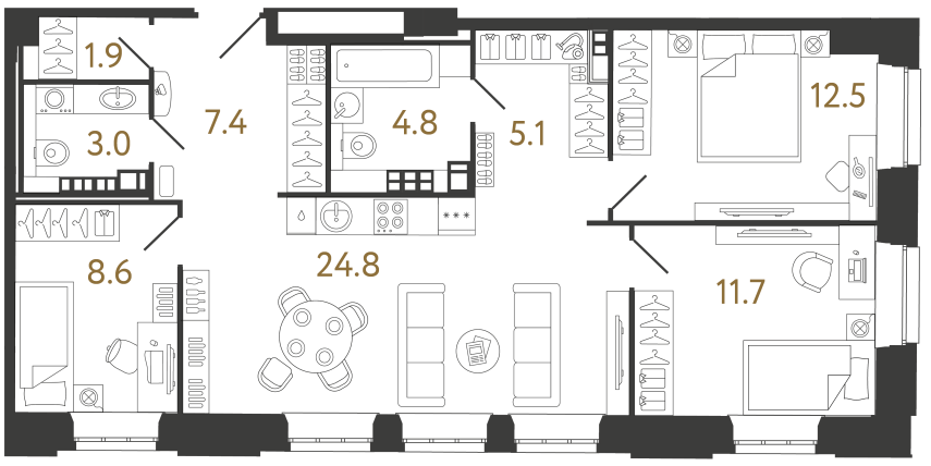 Трёхкомнатные апартаменты №60 в ЖК Светоч - 79.8 м²