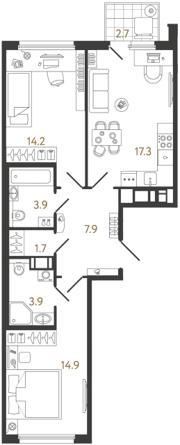 Двухкомнатная квартира №1161 в ЖК Гений - 63.8 м²