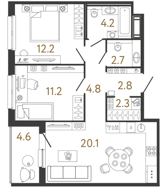 Двухкомнатная квартира №298 в ЖК Передвижники - 60.3 м²