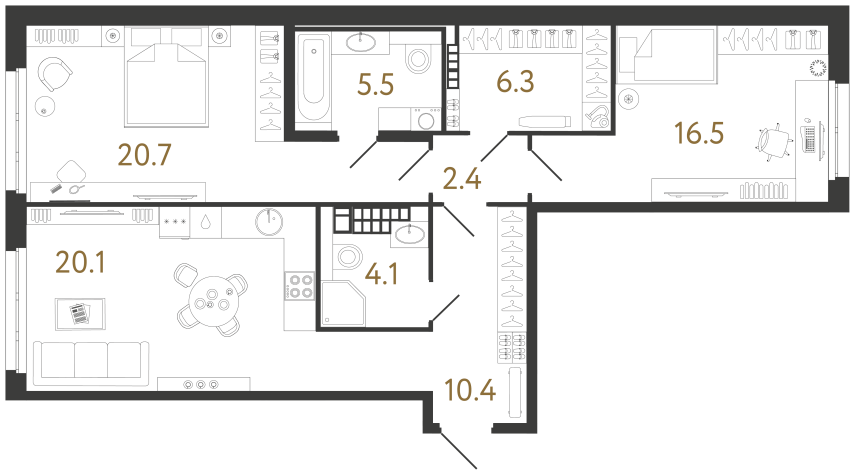 Двухкомнатная квартира №38 в ЖК Визионер - 86 м²