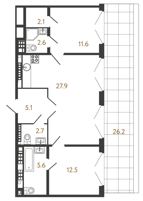 Двухкомнатная квартира №129 в ЖК Миръ - 70.1 м²  - №2