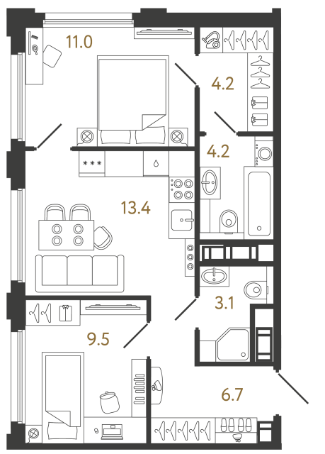 Двухкомнатная квартира №499 в ЖК Гений - 52.1 м²