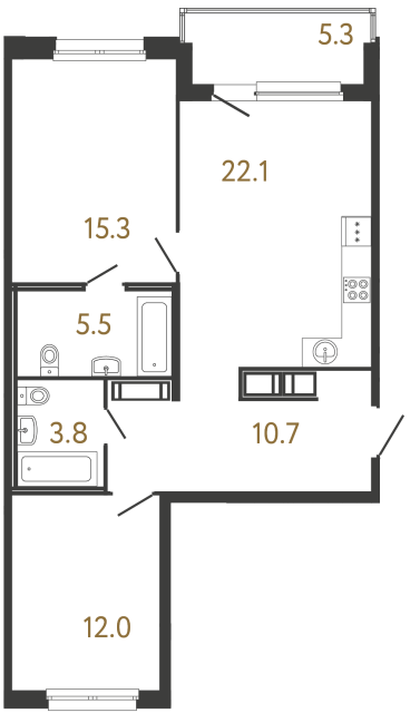 Двухкомнатная квартира №199 в ЖК Передвижники - 69.4 м²  - №2