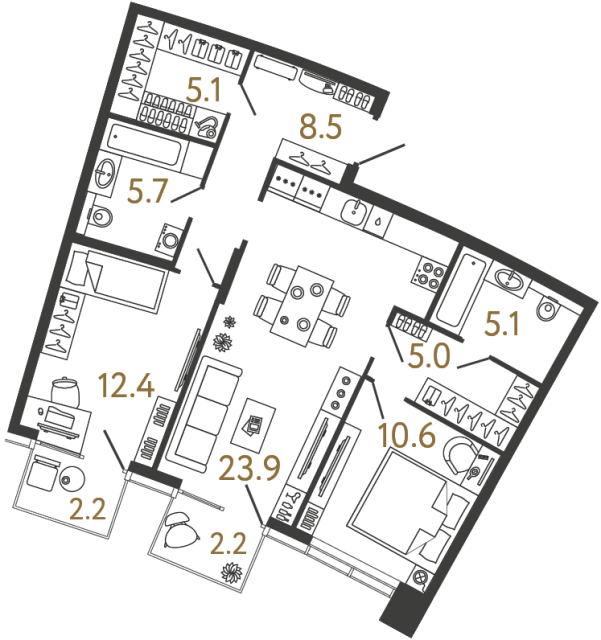 Двухкомнатная квартира №50 в ЖК Цвет Зеленогорска - 76.3 м²