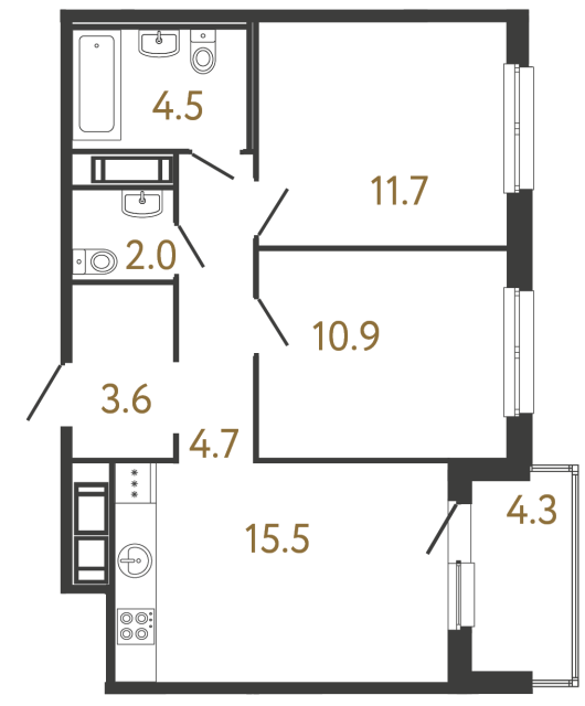 Двухкомнатная квартира №316 в ЖК Передвижники - 52.9 м²  - №2