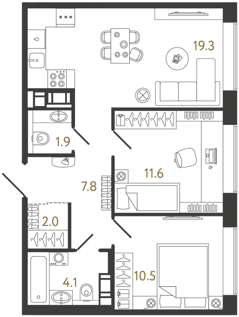 Двухкомнатная квартира №951 в ЖК Гений - 57.2 м²