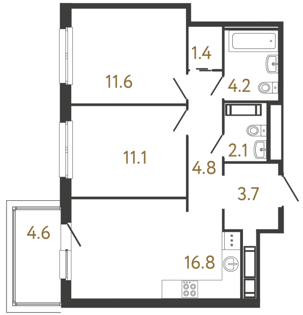 Двухкомнатная квартира №335 в ЖК Передвижники - 55.7 м²  - №2