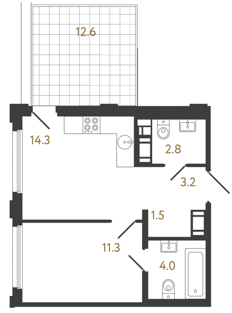Однокомнатная квартира №336 в ЖК Гений - 37.1 м²  - №2