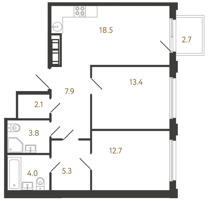 Двухкомнатная квартира №464 в ЖК Гений - 67.7 м²  - №2