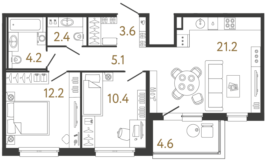 Двухкомнатная квартира №148 в ЖК Передвижники - 59.1 м²