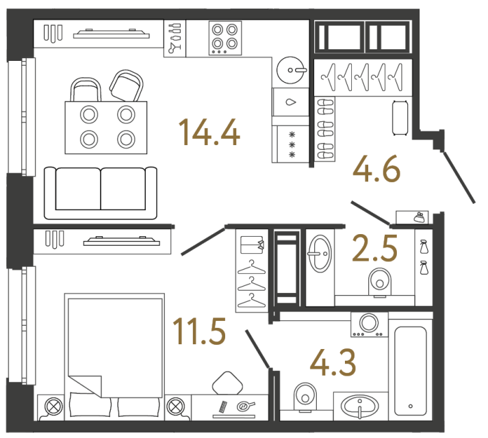 Однокомнатная квартира №14 в ЖК Передвижники - 37.3 м²