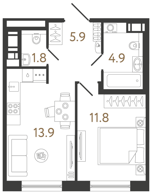 Однокомнатная квартира №26 в ЖК Передвижники 2 - 38.3 м²