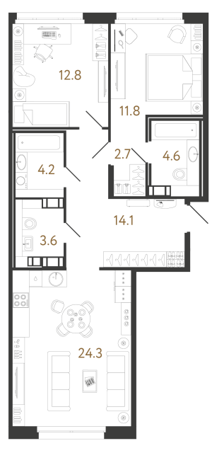 Двухкомнатная квартира №70 в ЖК Куинджи - 78.1 м²