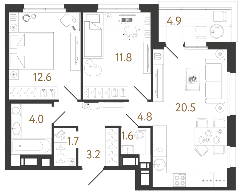 Двухкомнатная квартира №44 в ЖК Литера - 60.2 м²