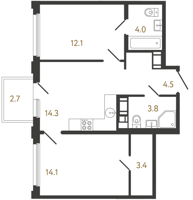 Двухкомнатная квартира №867 в ЖК Гений - 56.2 м²  - №2