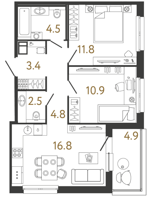 Двухкомнатная квартира №346 в ЖК Передвижники - 54.7 м²