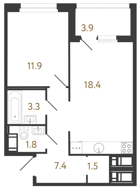 Однокомнатная квартира №75 в ЖК Литера - 44.3 м²  - №2
