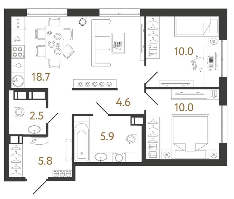 Двухкомнатная квартира №332 в ЖК Струны - 57.5 м²