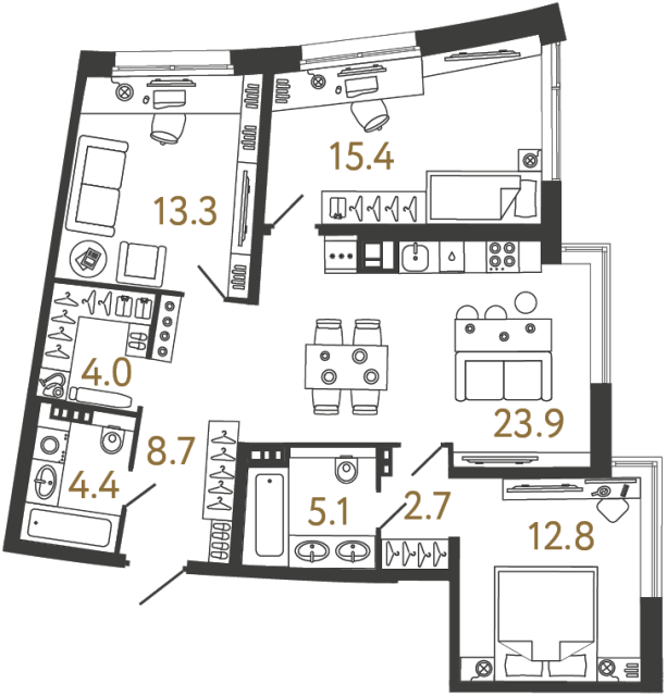 Трёхкомнатная квартира №90 в ЖК Цвет Зеленогорска - 90.3 м²