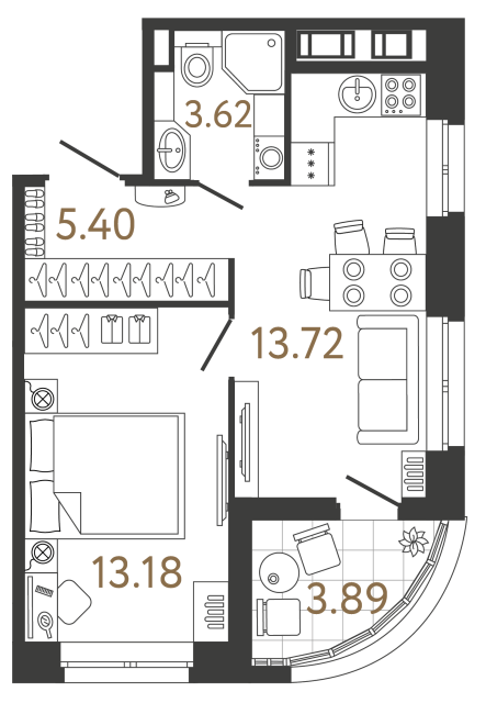 Однокомнатная квартира №501 в ЖК Ultra City 3 - 35.92 м²