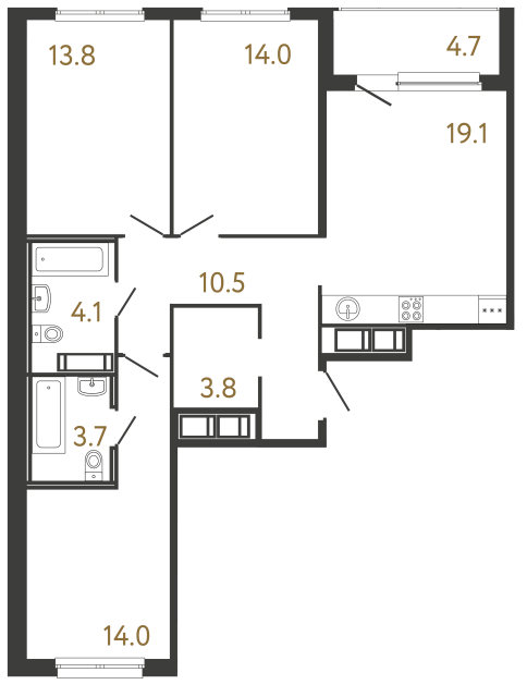 Трёхкомнатная квартира №158 в ЖК Передвижники - 83 м²  - №2