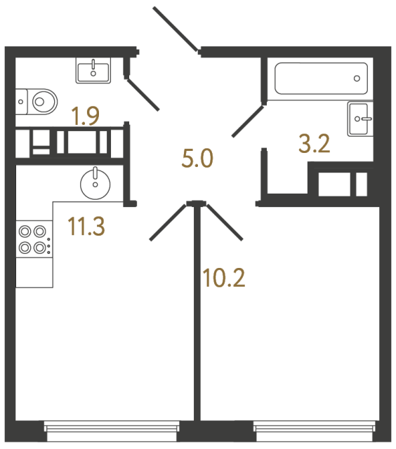 Однокомнатная квартира №1184 в ЖК Гений - 31.6 м²  - №2