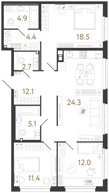 Трёхкомнатная квартира №102 в ЖК Визионер - 95.4 м²