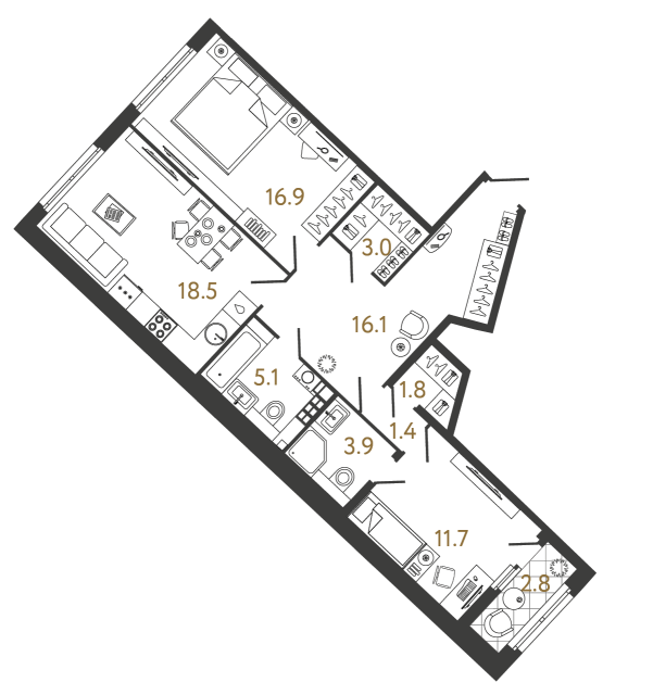 Двухкомнатная квартира №7 в ЖК Миръ - 78.4 м²