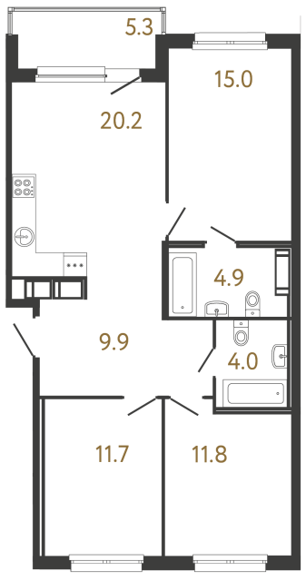 Трёхкомнатная квартира №115 в ЖК Передвижники - 77.5 м²  - №2