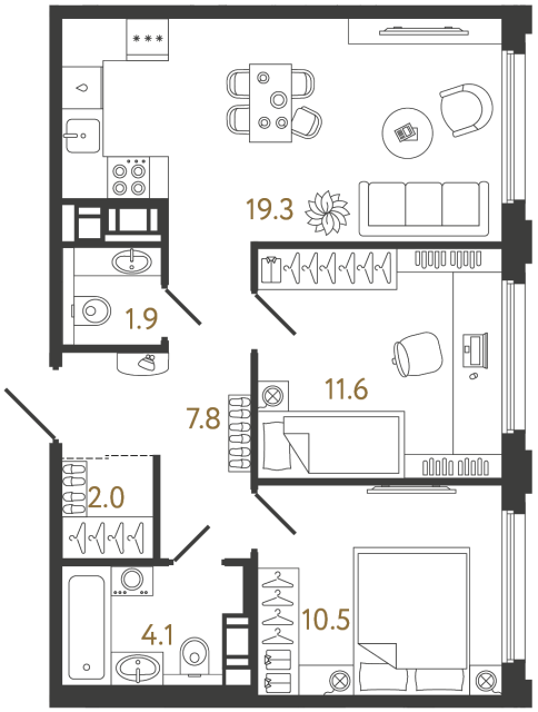 Двухкомнатная квартира №941 в ЖК Гений - 57.2 м²