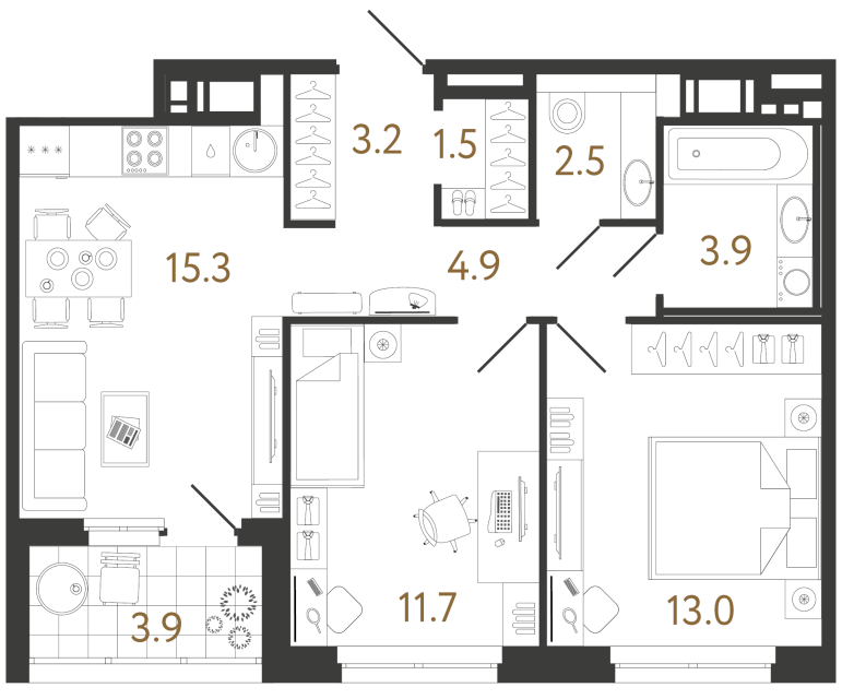 Двухкомнатная квартира №193 в ЖК Литера - 56 м²