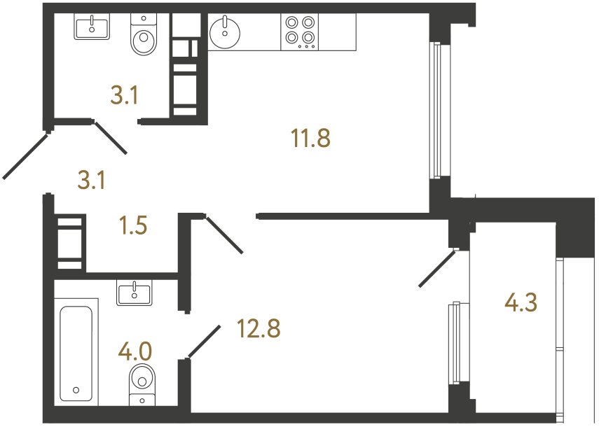 Однокомнатная квартира №897 в ЖК Гений - 36.3 м²  - №2