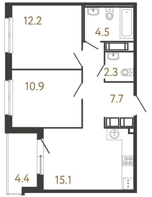 Двухкомнатная квартира №138 в ЖК Передвижники - 52.7 м²  - №2