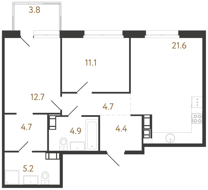 Двухкомнатная квартира №463 в ЖК Куинджи - 69.3 м²  - №2