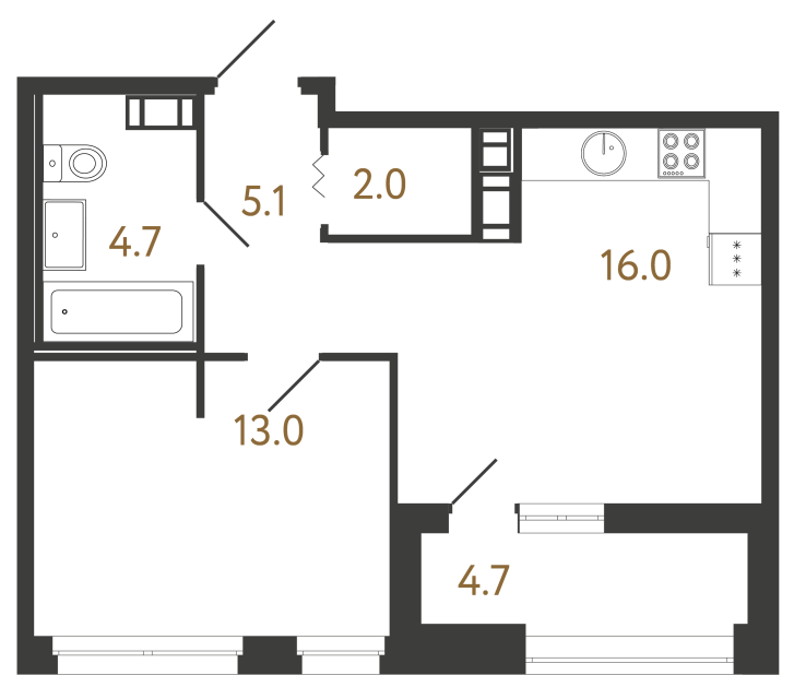 Однокомнатная квартира №349 в ЖК Куинджи - 40.8 м²  - №2