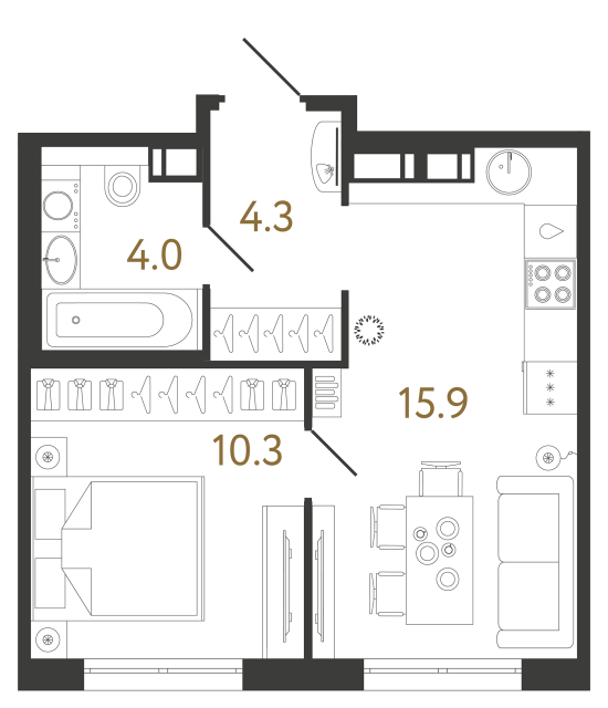 Однокомнатная квартира №309 в ЖК Струны - 34.5 м²