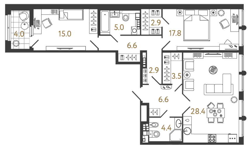 Двухкомнатная квартира №79 в ЖК Миръ - 93.1 м²