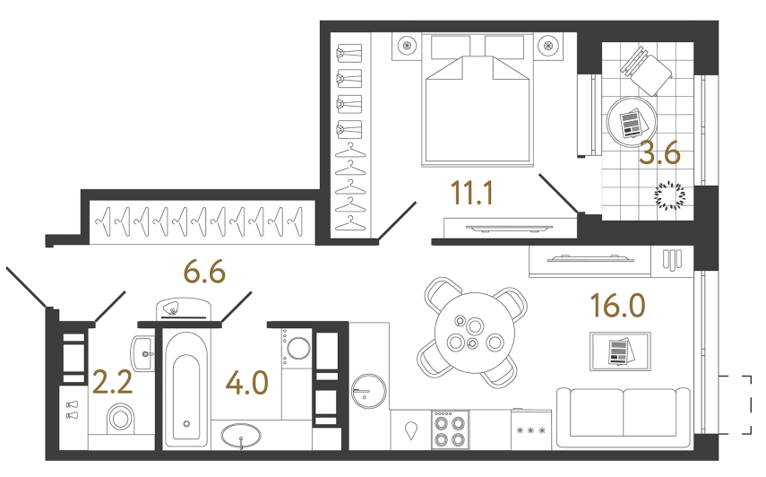 Однокомнатная квартира №450 в ЖК Струны - 39.9 м²