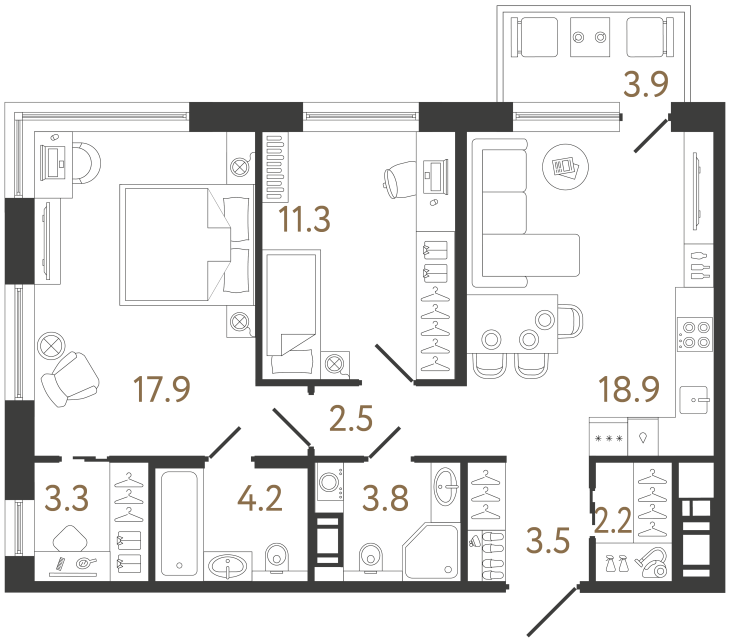 Двухкомнатная квартира №83 в ЖК Передвижники 2 - 67.6 м²