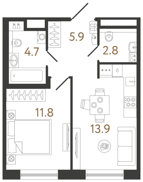 Однокомнатная квартира №146 в ЖК Передвижники 2 - 39.1 м²