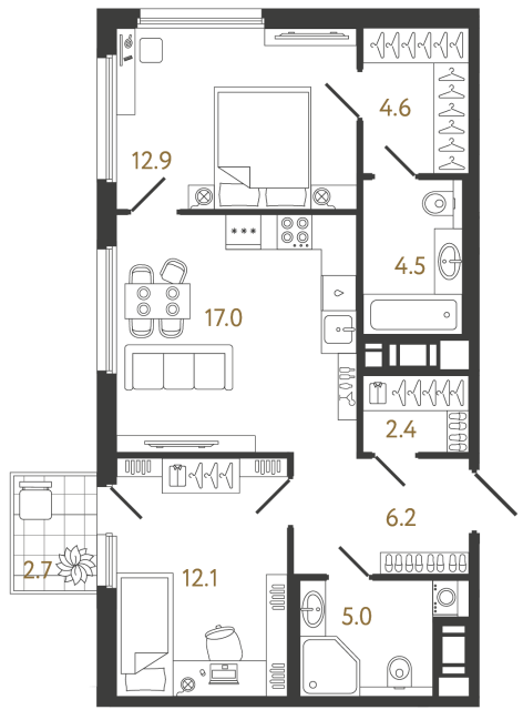 Двухкомнатная квартира №901 в ЖК Гений - 64.7 м²