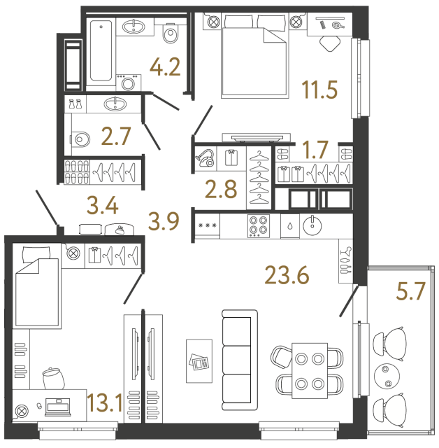 Двухкомнатная квартира №55 в ЖК Передвижники - 66.9 м²